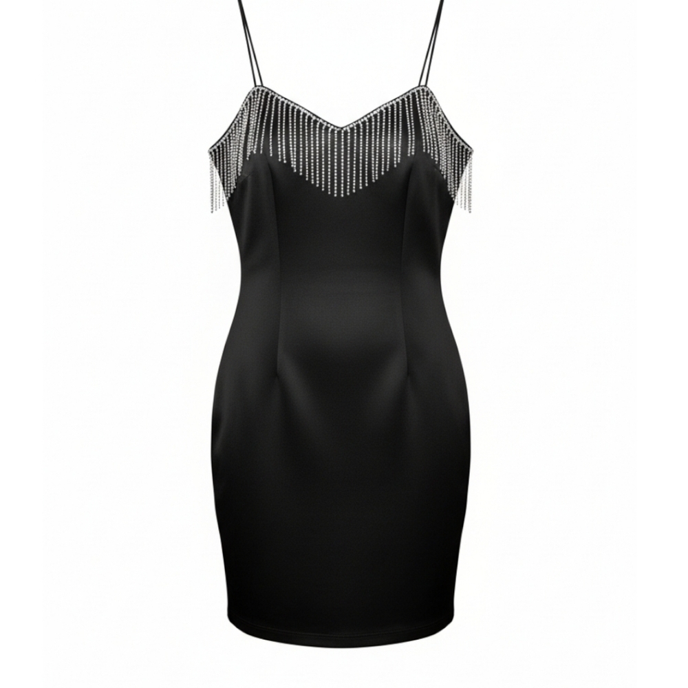 Speechless Black Rhinestone Bodycon Mini Dress Small Fringe Party Glam Club Lbd